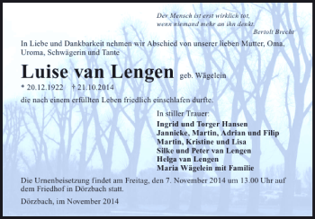 Traueranzeige von Luise van Lengen 