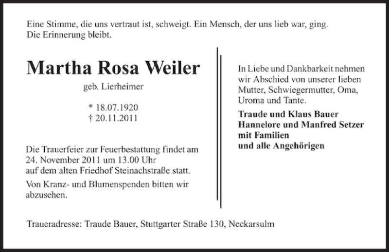  Traueranzeige für Martha Rosa Weiler vom 22.11.2011 aus 