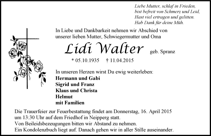  Traueranzeige für Lidi Walter vom 15.04.2015 aus 