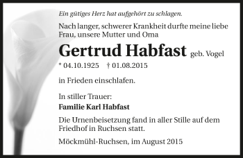 Traueranzeige von Gertrud Habfast 