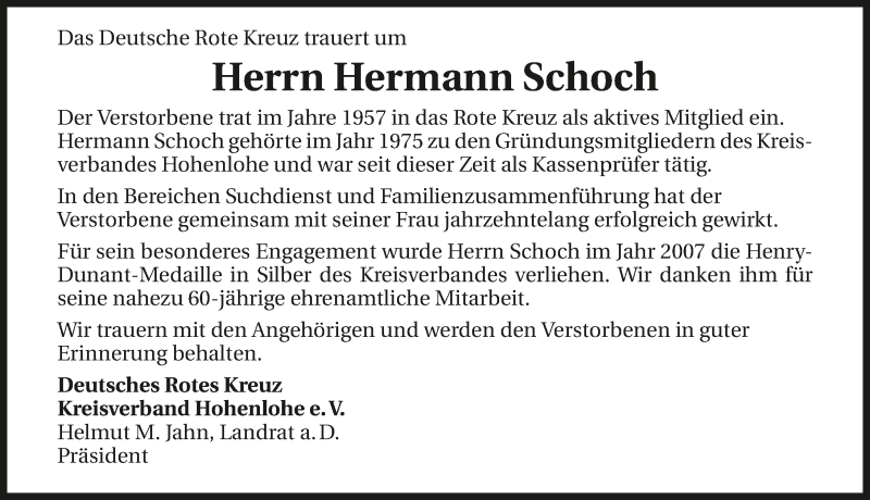  Traueranzeige für Hermann Schoch vom 08.09.2015 aus 