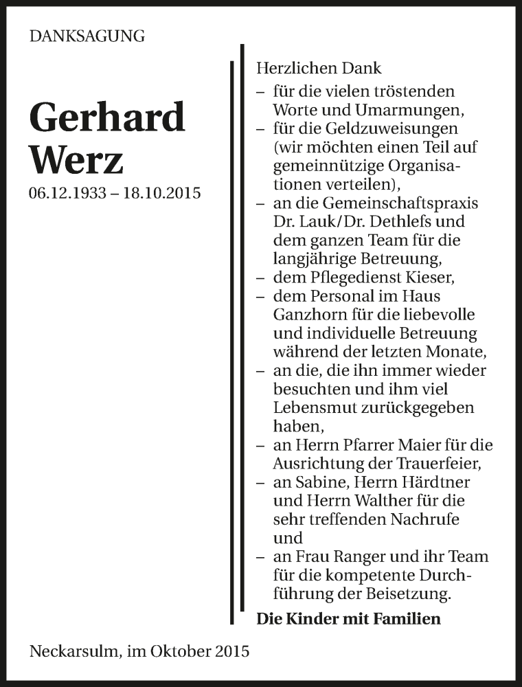  Traueranzeige für Gerhard Werz vom 27.10.2015 aus 