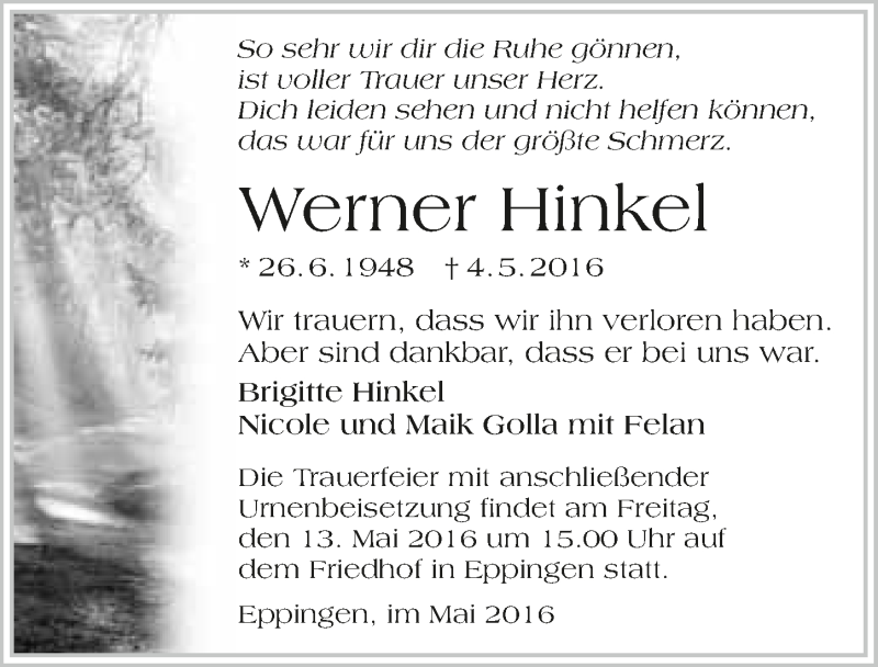  Traueranzeige für Werner Hinkel vom 10.05.2016 aus 