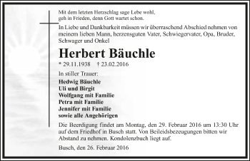 Traueranzeige von Herbert Bäuchle 