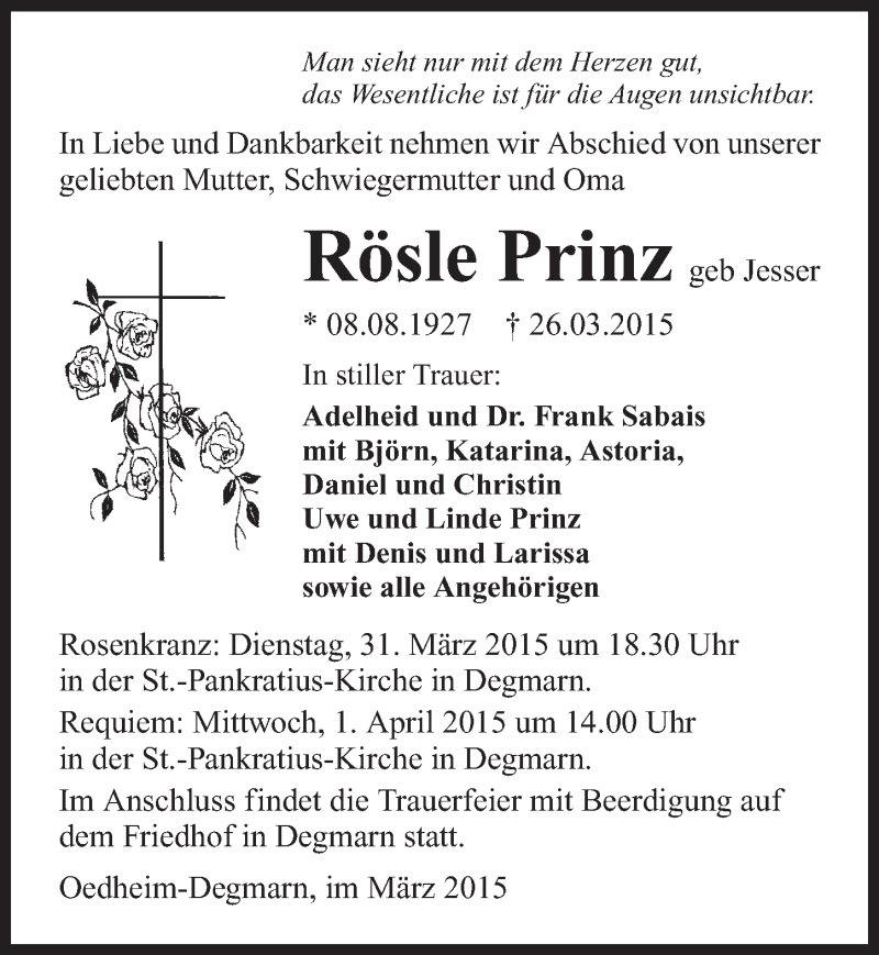 Traueranzeige für Rösle Prinz vom 31.03.2015 aus 