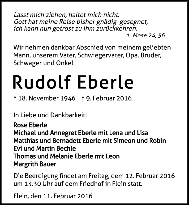  Traueranzeige für Rudolf Eberle vom 11.02.2016 aus 