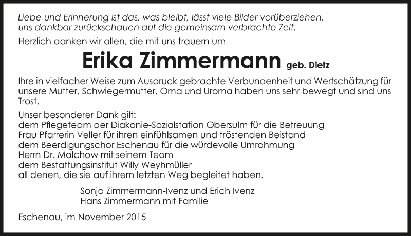  Traueranzeige für Erika Zimmermann vom 18.11.2015 aus 