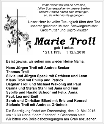 Traueranzeige von Marie Troll 