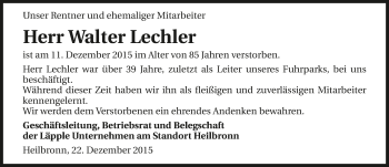 Traueranzeige von Walter Lechler 