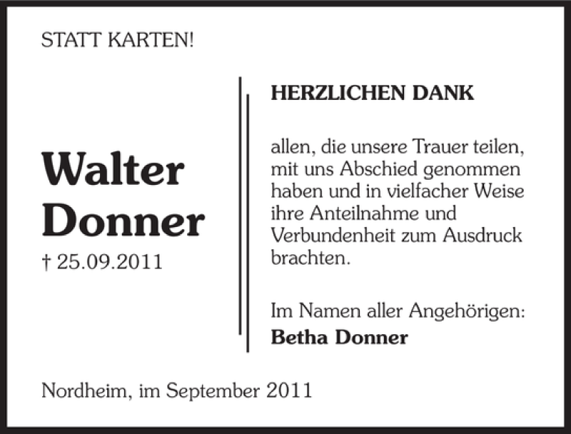  Traueranzeige für Walter Donner vom 06.10.2011 aus 