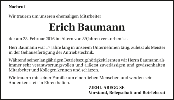Traueranzeige von Erich Baumann 