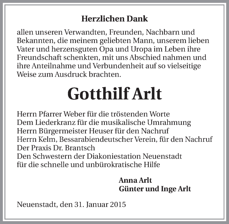  Traueranzeige für Gotthilf Arlt vom 31.01.2015 aus 