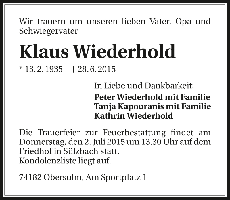  Traueranzeige für Klaus Wiederhold vom 30.06.2015 aus 