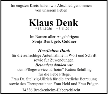 Traueranzeige von Klaus Denk 