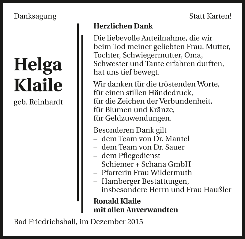  Traueranzeige für Helga Klaile vom 29.12.2015 aus 