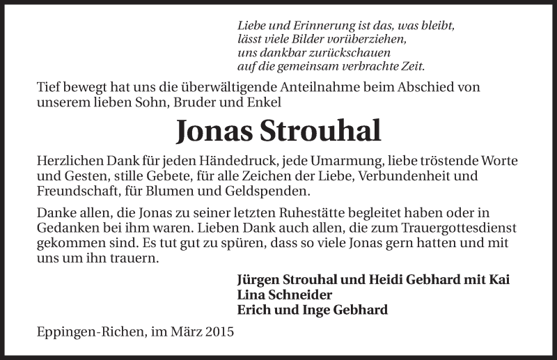  Traueranzeige für Jonas Strouhal vom 06.03.2015 aus 