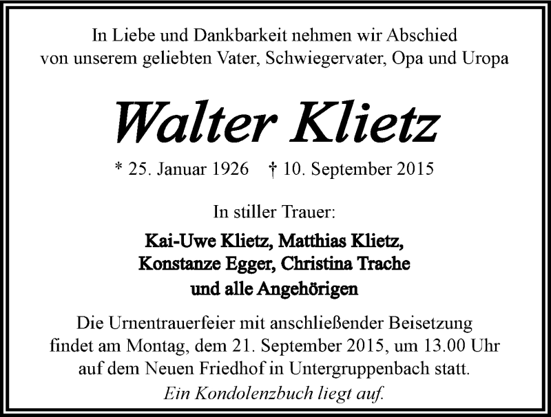  Traueranzeige für Walter Klietz vom 17.09.2015 aus 