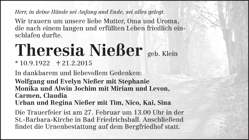  Traueranzeige für Theresia Nießer vom 24.02.2015 aus 