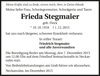 Traueranzeige von Frieda Stegmaier 