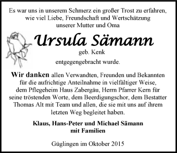 Traueranzeige von Ursula Sämann 