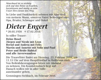 Traueranzeige von Dieter Engert 