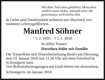 Traueranzeige von Manfred Söhner 