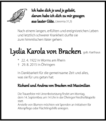 Traueranzeige von Lydia Karola von Bracken 