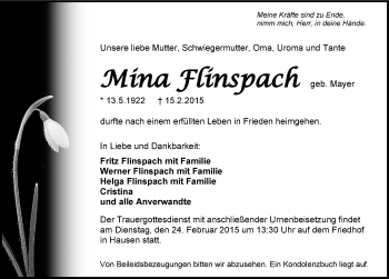 Traueranzeige von Mina Flinsbach 