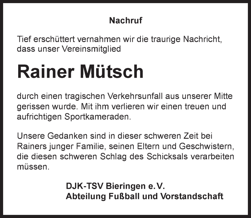  Traueranzeige für Rainer Mütsch vom 14.04.2015 aus 