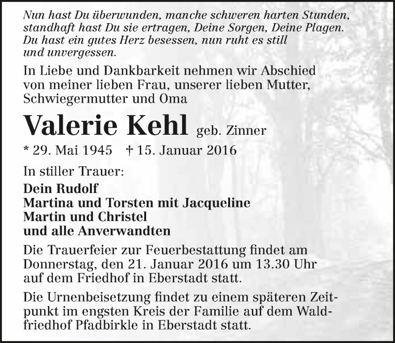  Traueranzeige für Valerie Kehl vom 19.01.2016 aus 
