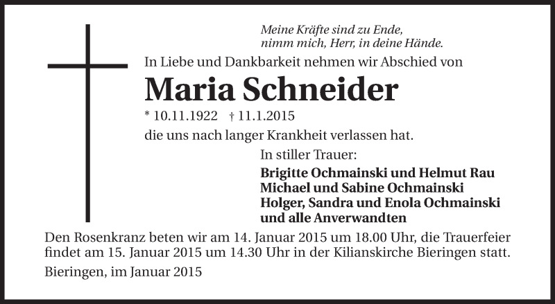  Traueranzeige für Maria Schneider vom 14.01.2015 aus 