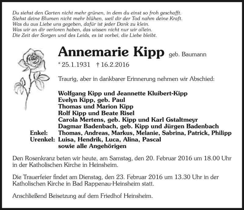  Traueranzeige für Annemarie Kipp vom 20.02.2016 aus 