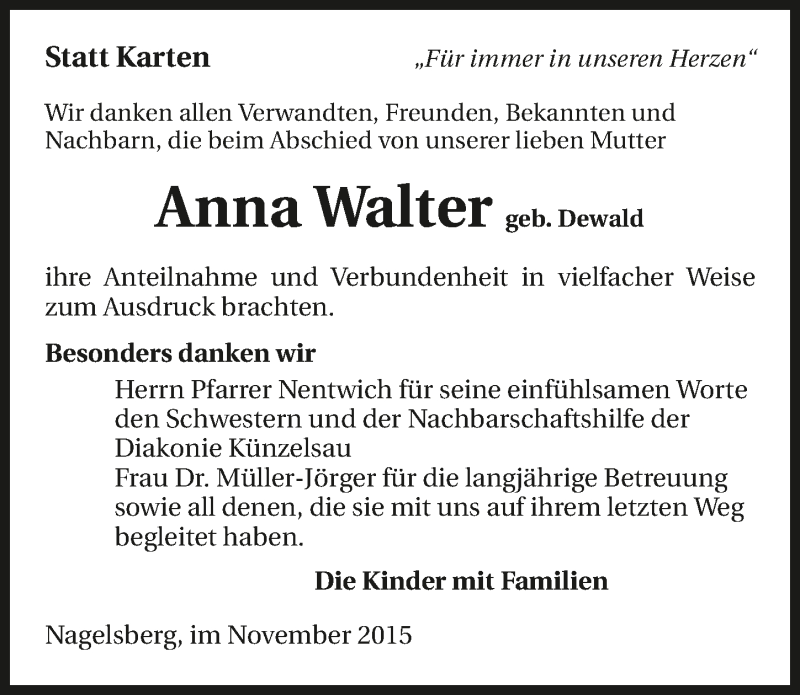  Traueranzeige für Anna Walter vom 21.11.2015 aus 