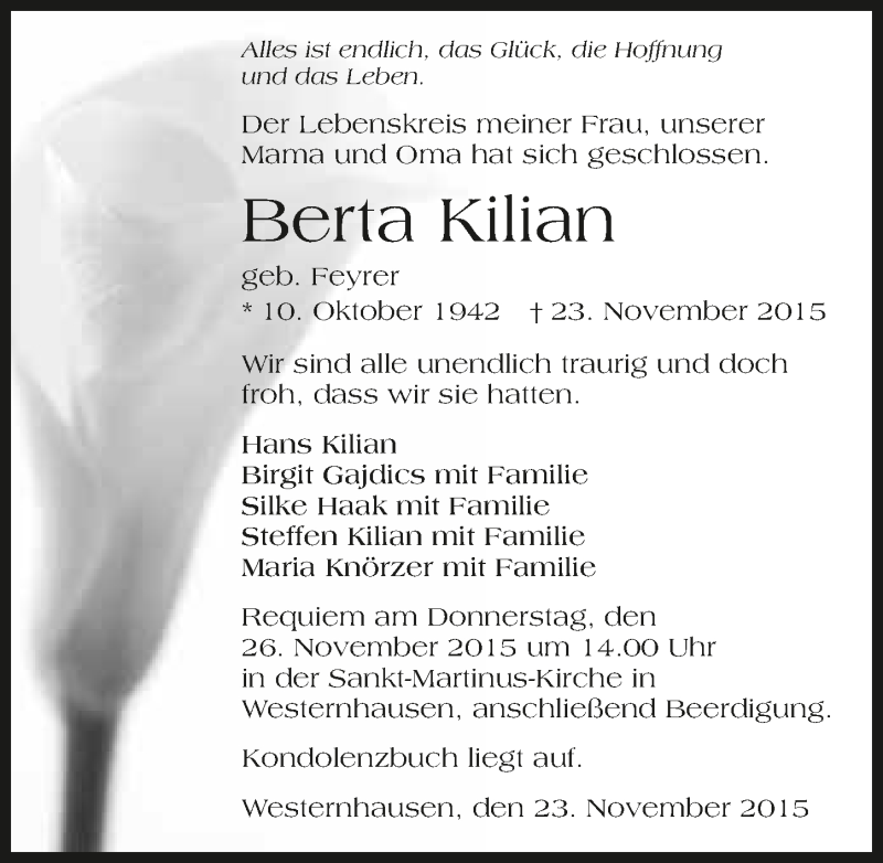  Traueranzeige für Berta Kilian vom 25.11.2015 aus 