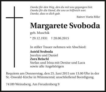 Traueranzeige von Margarete Svoboda 