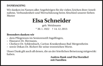 Traueranzeige von Elsa Schneider 