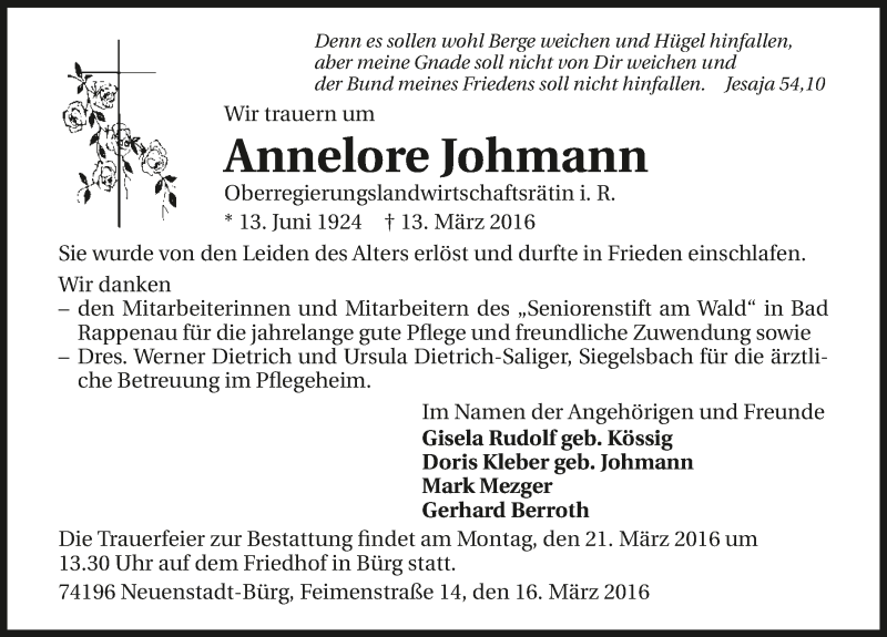  Traueranzeige für Annelore Johmann vom 16.03.2016 aus 