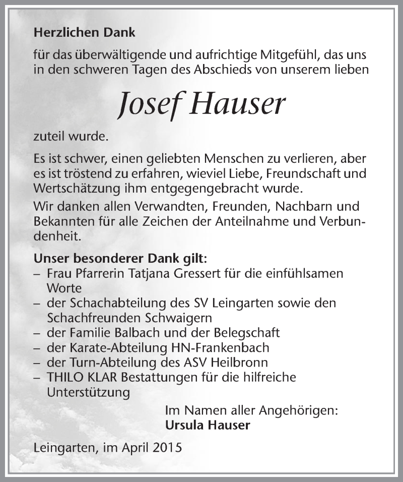  Traueranzeige für Josef Hauser vom 18.04.2015 aus 