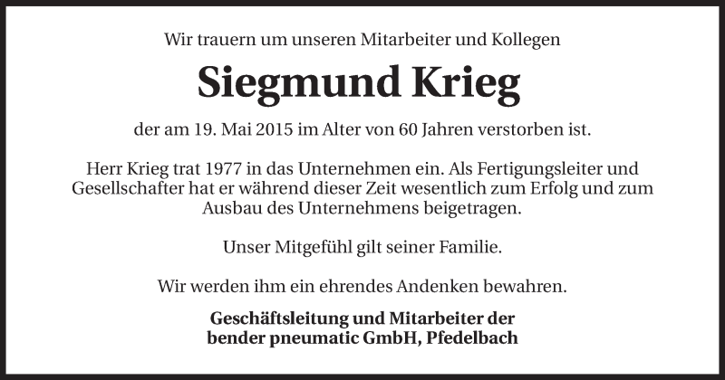  Traueranzeige für Siegmund Krieg vom 22.05.2015 aus 