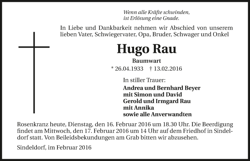  Traueranzeige für Hugo Rau vom 16.02.2016 aus 