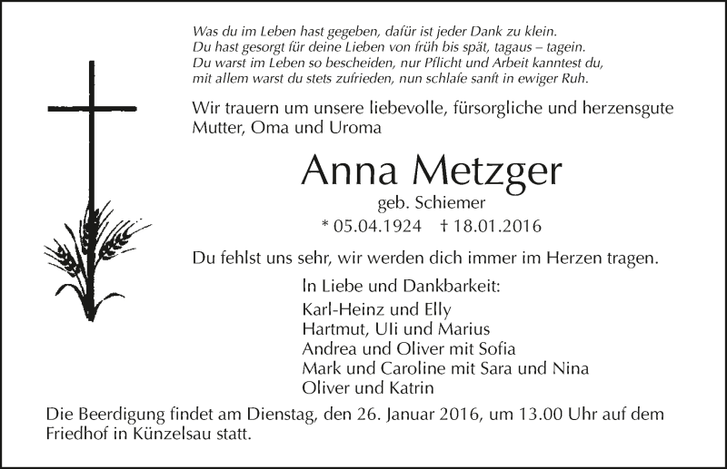  Traueranzeige für Anna Metzger vom 22.01.2016 aus 