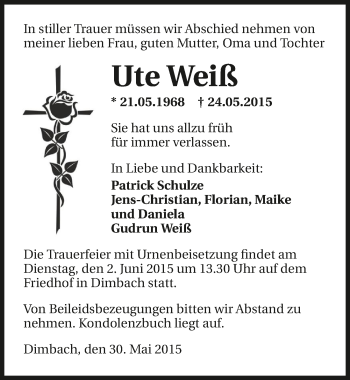 Traueranzeige von Ute Weiß 