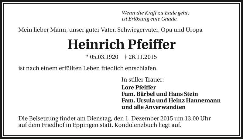  Traueranzeige für Heinrich Pfeiffer vom 28.11.2015 aus 