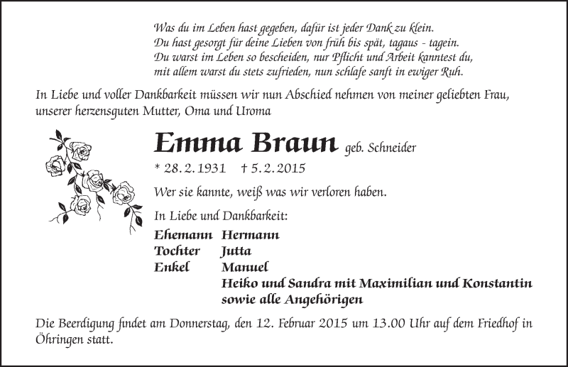  Traueranzeige für Emma Braun vom 10.02.2015 aus 