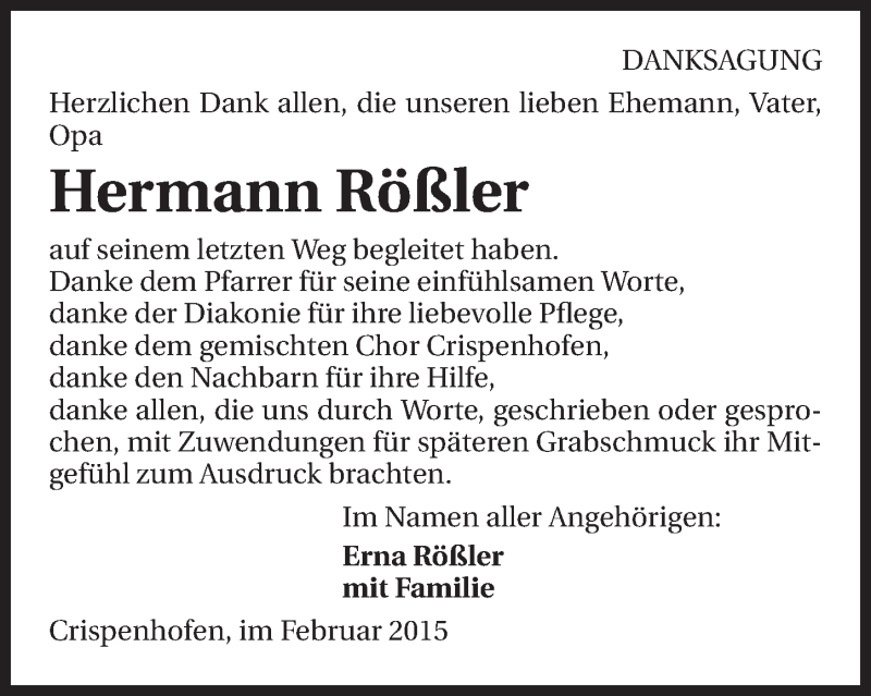  Traueranzeige für Hermann Rößler vom 20.02.2015 aus 