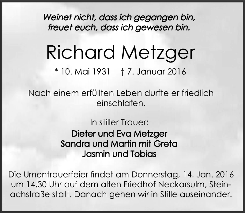  Traueranzeige für Richard Metzger vom 09.01.2016 aus 