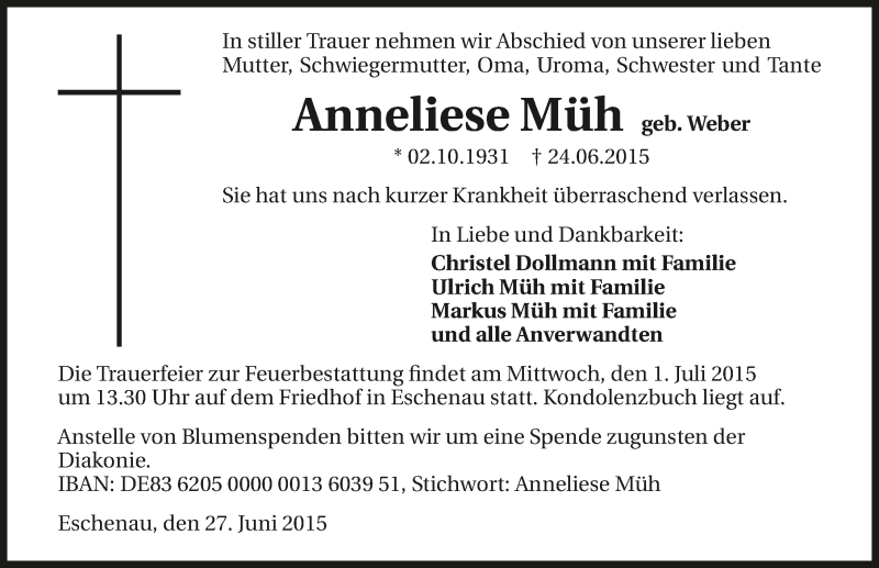  Traueranzeige für Anneliese Müh vom 27.06.2015 aus 