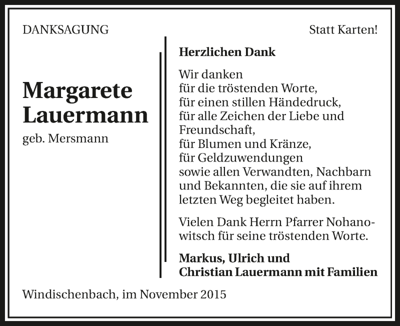  Traueranzeige für Maragrete Lauermann vom 11.11.2015 aus 