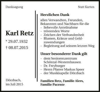 Traueranzeige von Karl Retz 