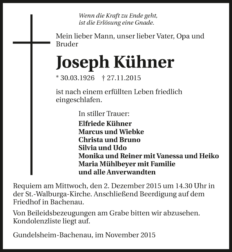  Traueranzeige für Joseph Kühner vom 30.11.2015 aus 